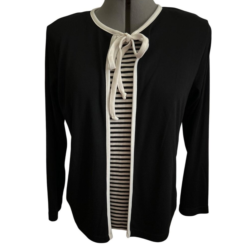Vtg Cathy Daniels Womens Black & White Striped  Faux 2 Pc Top With Tie Front